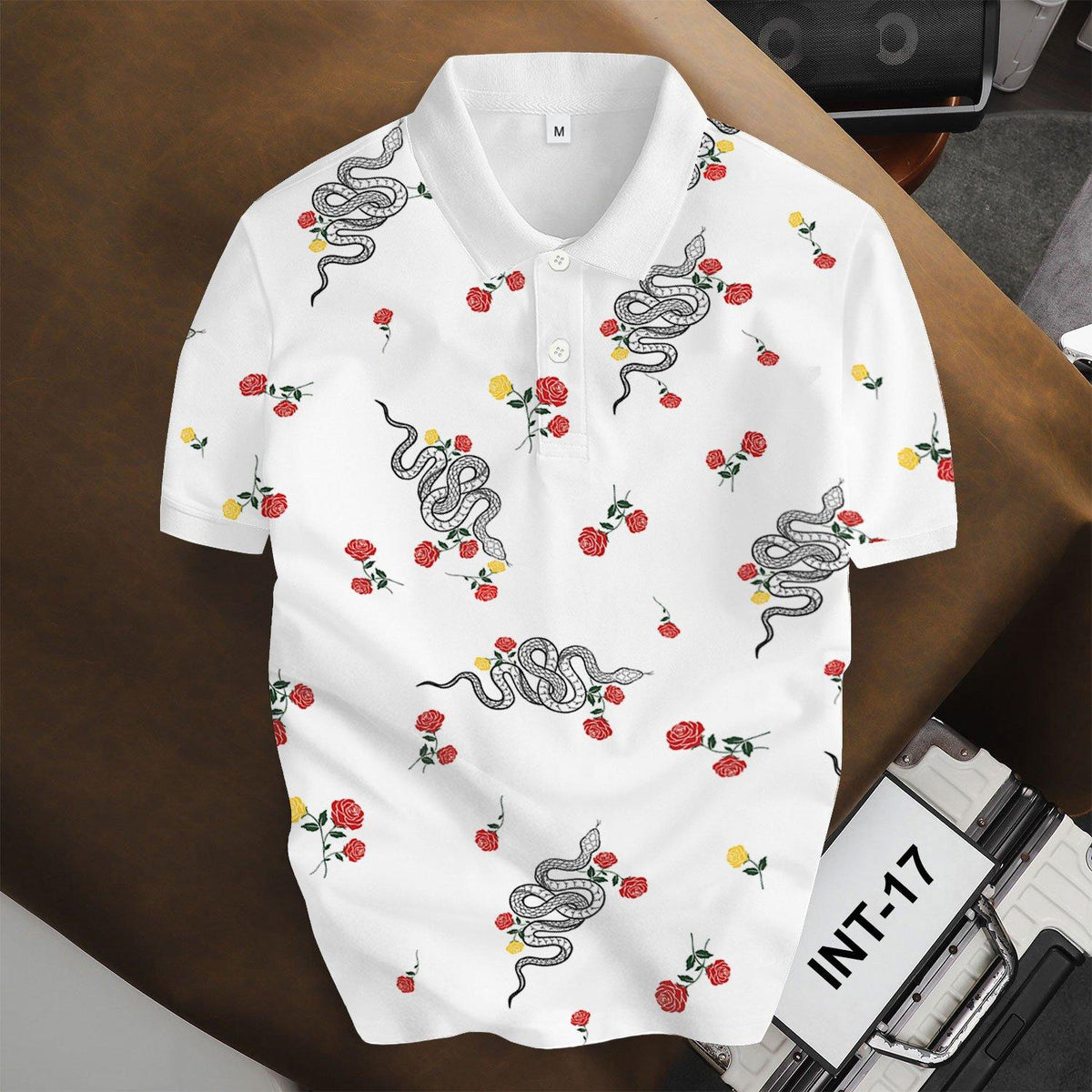 Áo Polo BEAVERTEE INT-17 Nam Nữ, Áo Polo Thể Thao Unisex Họa Tiết Rắn Hoa Hồng Đỏ Trên Nền Trắng, Phong Cách Cá Tính Nghệ Thuật, Vải Poly Thái Co Giãn Thoáng Mát, Regular Fit