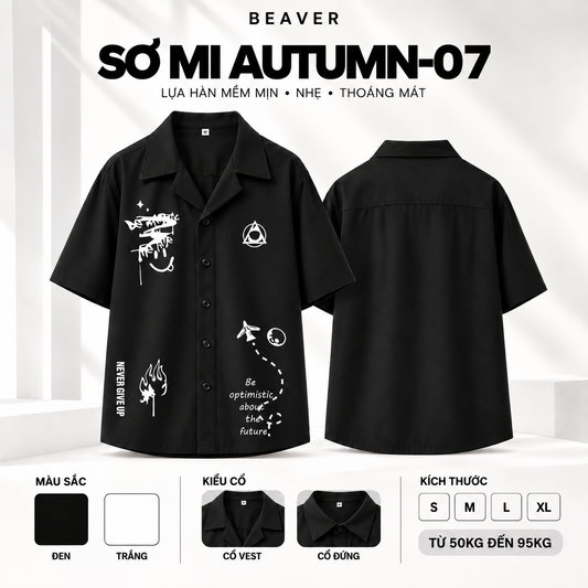 Sơ Mi AUTUMN-07 BEAVERTEE – Bộ Sưu Tập Autumn, Thiết Kế Graphic Biểu Tượng & Typography Truyền Cảm Hứng, Tay Ngắn Nam Nữ Unisex, Lụa Hàn Mềm Mát Thấm Hút, Cổ Vest/Cổ Đứng