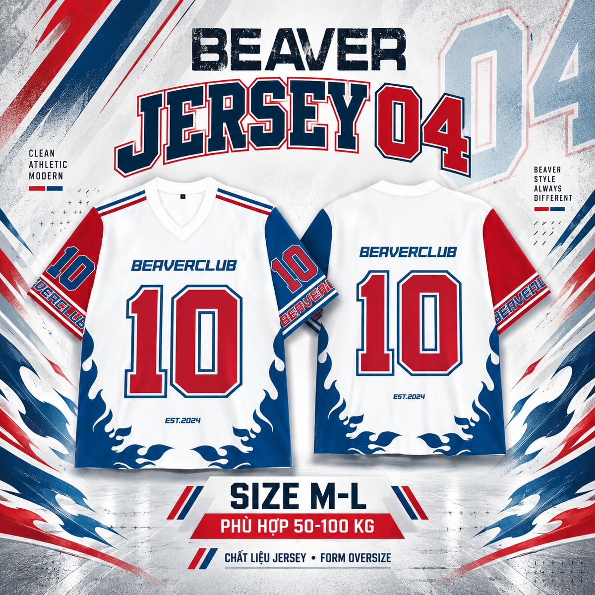 Áo Thun Jersey 04 BEAVERTEE Form Rộng Nam Nữ Cổ Tim, Thiết Kế Trắng Đỏ Xanh Số 10 Graphic Ngọn Lửa Phong Cách Thể Thao Top Sport Cá Tính, Mềm Nhẹ Thoáng Mát
