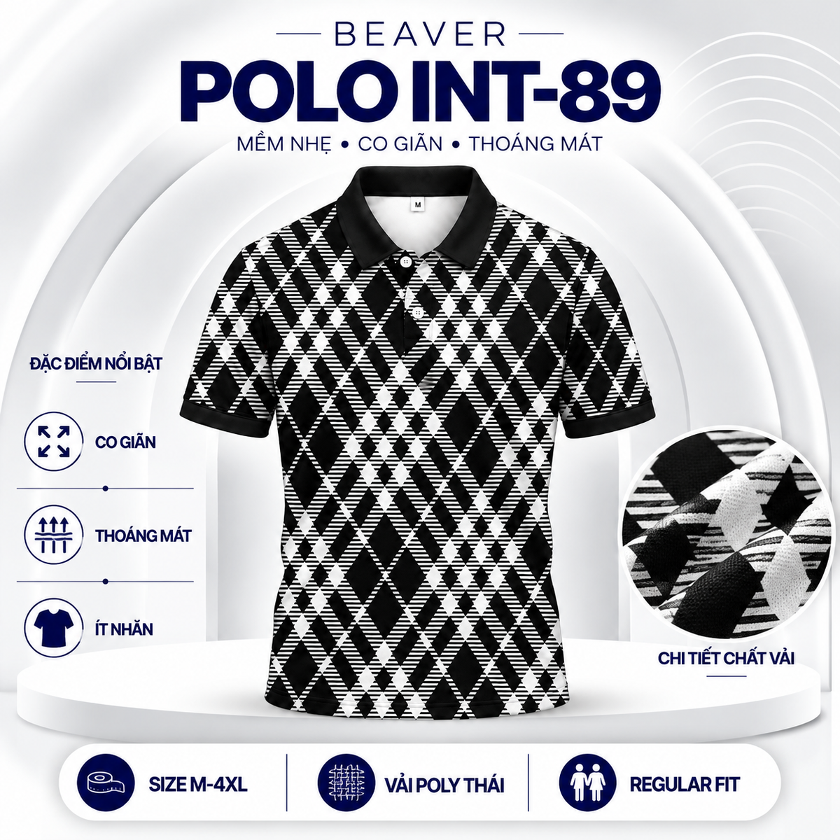 Áo Polo BEAVERTEE INT-89 Nam Nữ, Áo Polo Thể Thao Unisex Họa Tiết Hình Thoi Caro Trắng Đen, Phong Cách Tối Giản Cá Tính Hiện Đại, Vải Poly Thái Co Giãn Thoáng Mát, Regular Fit