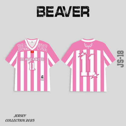 Áo Thun Jersey JS-18 BEAVERTEE Form Rộng Nam Nữ Cổ Tim, Thiết Kế Hồng Trắng Sọc Dọc Số 11 BEAVERCLUB Graphic Ngôi Sao Phong Cách Thể Thao Top Sport Cá Tính, Mềm Nhẹ Thoáng Mát