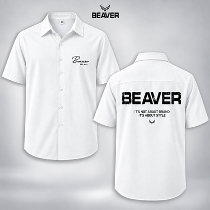 Áo Sơ Mi Chữ Ký BEAVERTEE Nam Nữ – Sơ Mi Tay Ngắn Form Rộng, Vải Lụa Chéo Mát Mẻ Thấm Hút Mồ Hôi, Cổ Vest/Cổ Đứng