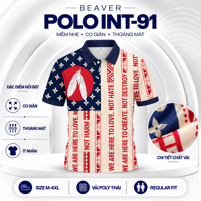 Áo Polo BEAVERTEE INT-91 Nam Nữ, Áo Polo Thể Thao Unisex Họa Tiết Lông Vũ Phối Xanh Navy Đỏ Kem, Phong Cách Cá Tính Nghệ Thuật, Vải Poly Thái Co Giãn Thoáng Mát, Regular Fit