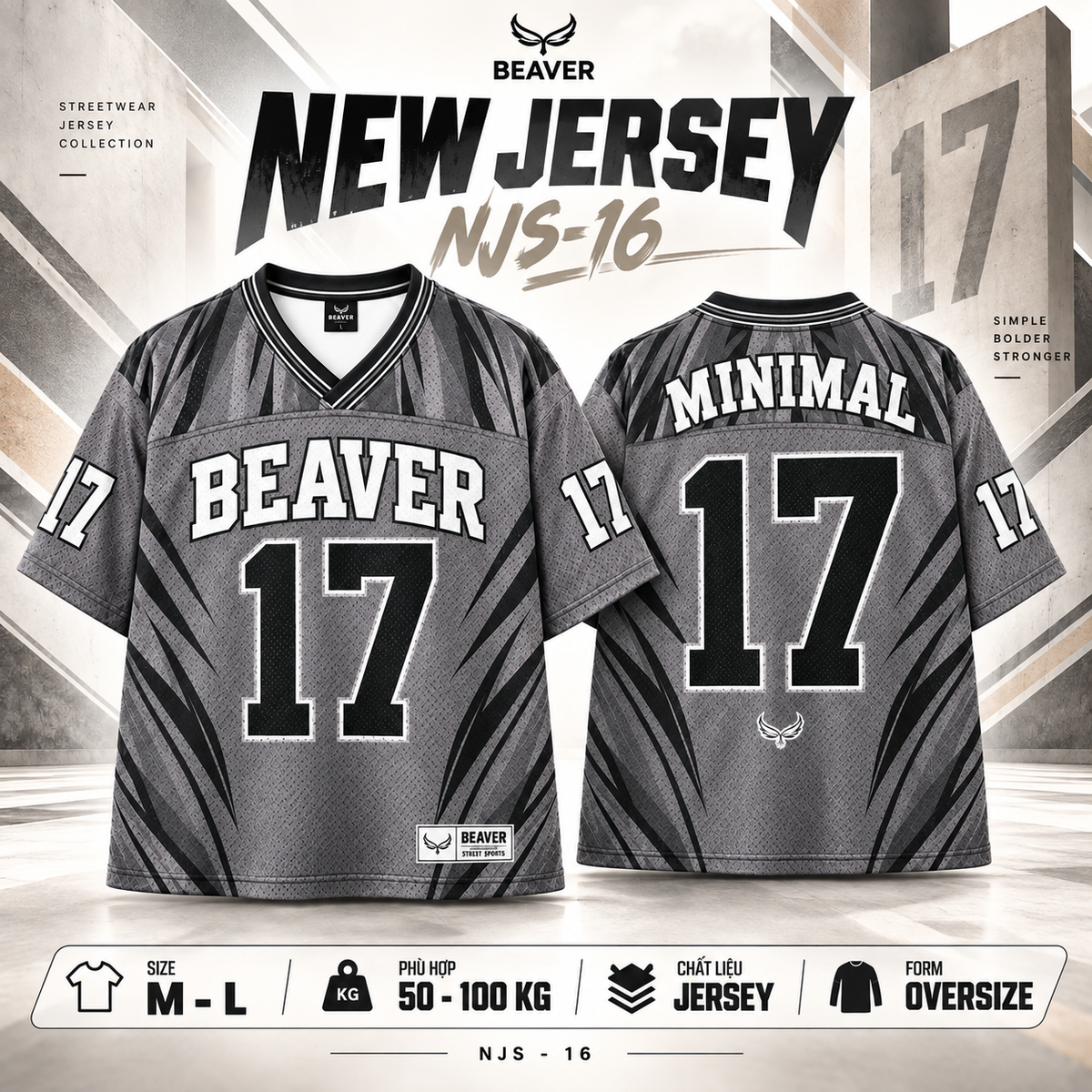 Áo Thun New Jersey BEAVERTEE NJS-16 Nam Nữ, Áo Thun Thể Thao Unisex, Họa Tiết Số 17 Xám Đen, Phong Cách Minimal Streetwear Cá Tính, Jersey Thun Lưới Thoáng Khí, Form Oversize