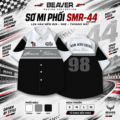 Áo Sơ Mi Phối SMR-44 BEAVERTEE Form Rộng Unisex Nam Nữ, Thiết Kế Phối Đen Trắng Xám Graphic 98 Cá Tính, Lụa Hàn Mềm Mịn Thoáng Mát