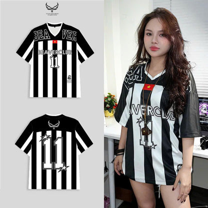 Áo Thun Jersey JS-19 BEAVERTEE Form Rộng Nam Nữ Cổ Tim, Thiết Kế Đen Trắng Sọc Dọc Số 11 BEAVERCLUB Graphic Ngôi Sao Phong Cách Thể Thao Top Sport Cá Tính, Mềm Nhẹ Thoáng Mát