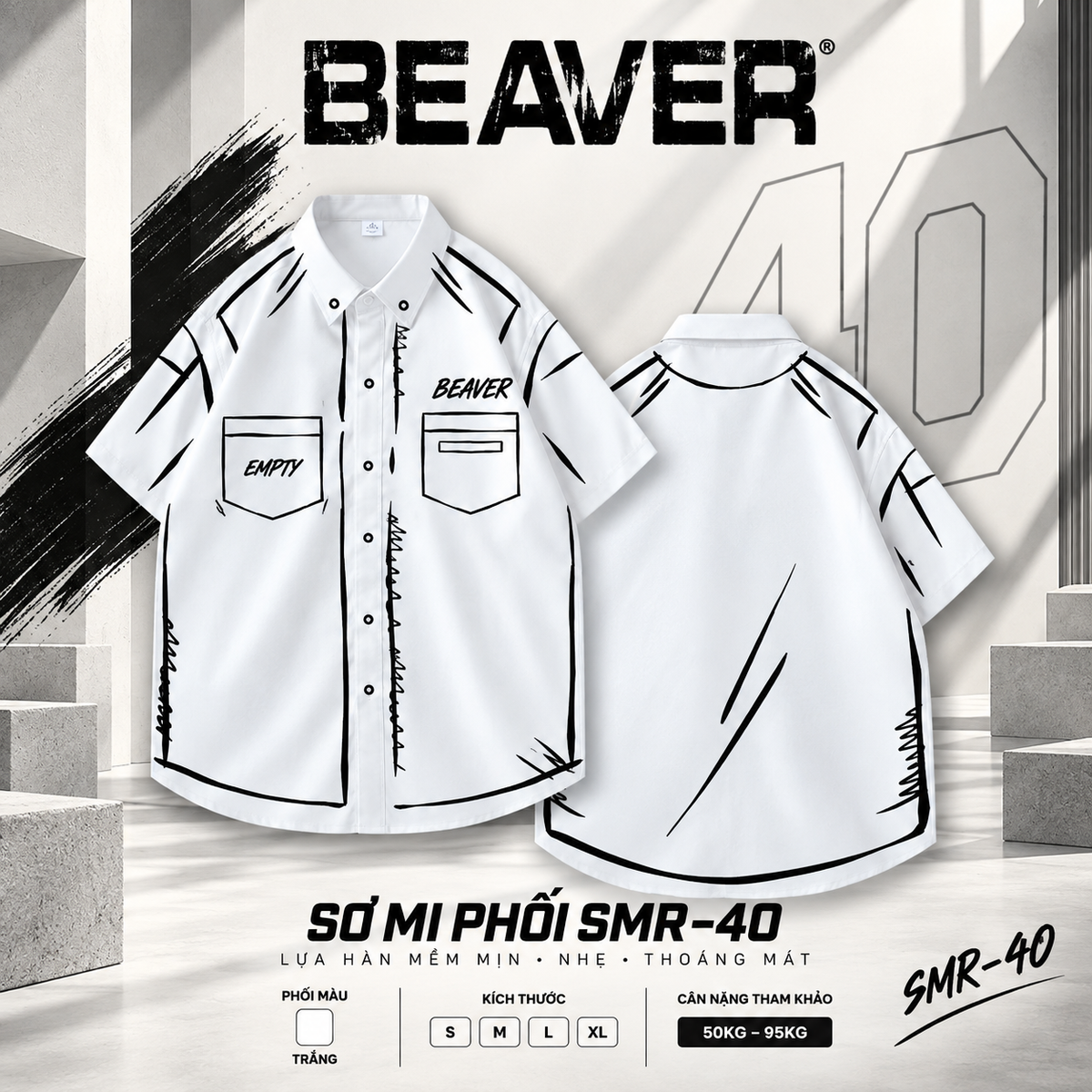 Áo Sơ Mi Phối SMR-40 BEAVERTEE Form Rộng Unisex Nam Nữ, Thiết Kế Nét Vẽ Đen Trắng Tối Giản Cá Tính, Lụa Hàn Mềm Mịn Thoáng Mát
