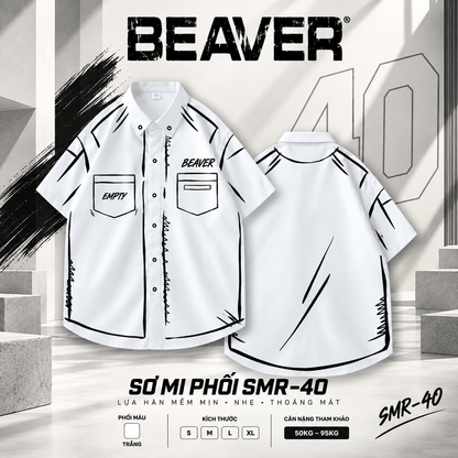 Áo Sơ Mi Phối SMR-40 BEAVERTEE Form Rộng Unisex Nam Nữ, Thiết Kế Nét Vẽ Đen Trắng Tối Giản Cá Tính, Lụa Hàn Mềm Mịn Thoáng Mát