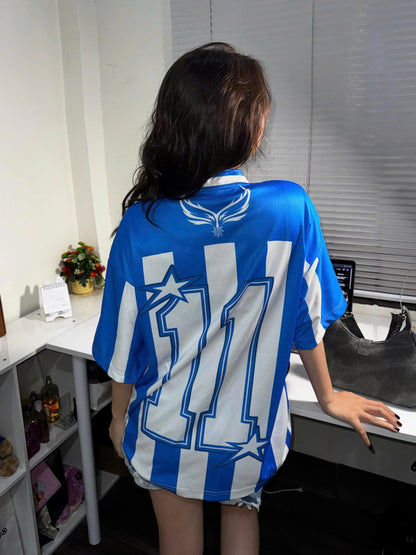 Áo Thun Jersey JS-21 BEAVERTEE Form Rộng Nam Nữ Cổ Tim, Thiết Kế Xanh Trắng Sọc Dọc Số 11 BEAVERCLUB Graphic Ngôi Sao Phong Cách Thể Thao Top Sport Cá Tính, Mềm Nhẹ Thoáng Mát