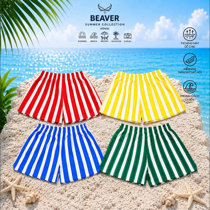Quần Short Sọc Màu BEAVERTEE Nam Nữ Form Rộng, Vải Thun Mềm Nhẹ Thoáng Mát Co Giãn, Thiết Kế Sọc Đỏ Vàng Xanh Dương Xanh Lá, Phong Cách Đi Biển Du Lịch Mùa Hè