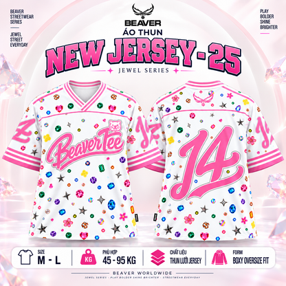 Áo Thun New Jersey BEAVERTEE NJS-25 Nam Nữ, Áo Jersey Thể Thao Unisex Họa Tiết Đá Quý Jewel Trắng Hồng, Phong Cách Streetwear Nổi Bật Dễ Thương, Jersey Thun Lưới Thoáng Khí, Form Boxy Oversize