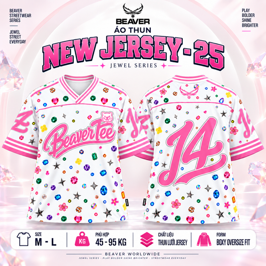 Áo Thun New Jersey BEAVERTEE NJS-25 Nam Nữ, Áo Jersey Thể Thao Unisex Họa Tiết Đá Quý Jewel Trắng Hồng, Phong Cách Streetwear Nổi Bật Dễ Thương, Jersey Thun Lưới Thoáng Khí, Form Boxy Oversize