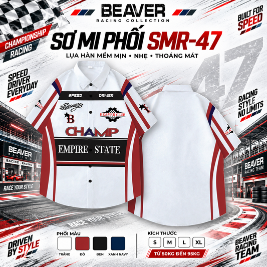 Áo Sơ Mi Phối SMR-47 BEAVERTEE Form Rộng Unisex Nam Nữ, Thiết Kế Phối Trắng Đỏ Đen Xanh Navy Graphic Champ Cá Tính, Lụa Hàn Mềm Mịn Thoáng Mát