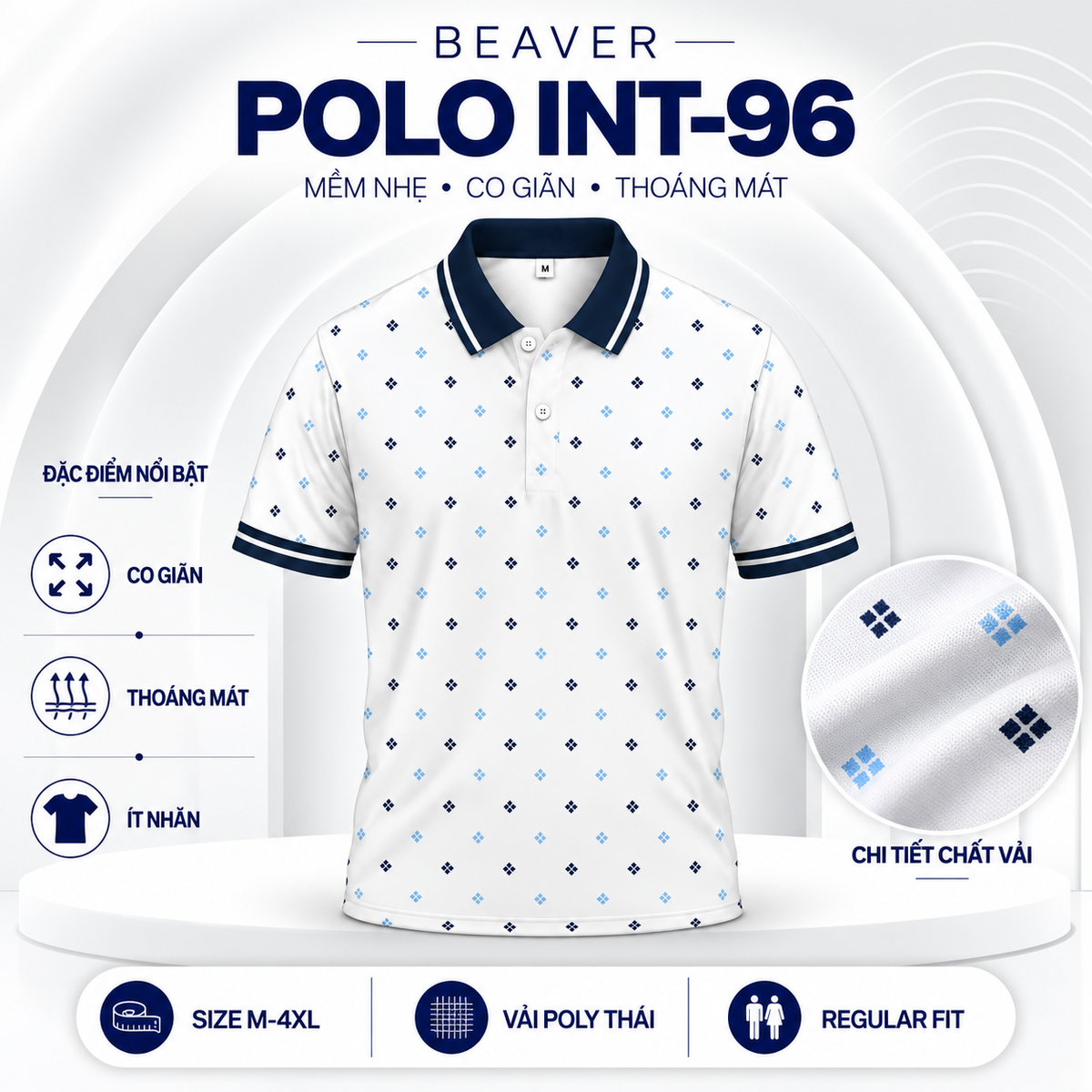 Áo Polo BEAVERTEE INT-96 Nam Nữ, Áo Polo Thể Thao Unisex Họa Tiết Hình Thoi Xanh Navy Xanh Dương Trên Nền Trắng, Phong Cách Tối Giản Thanh Lịch, Vải Poly Thái Co Giãn Thoáng Mát, Regular Fit