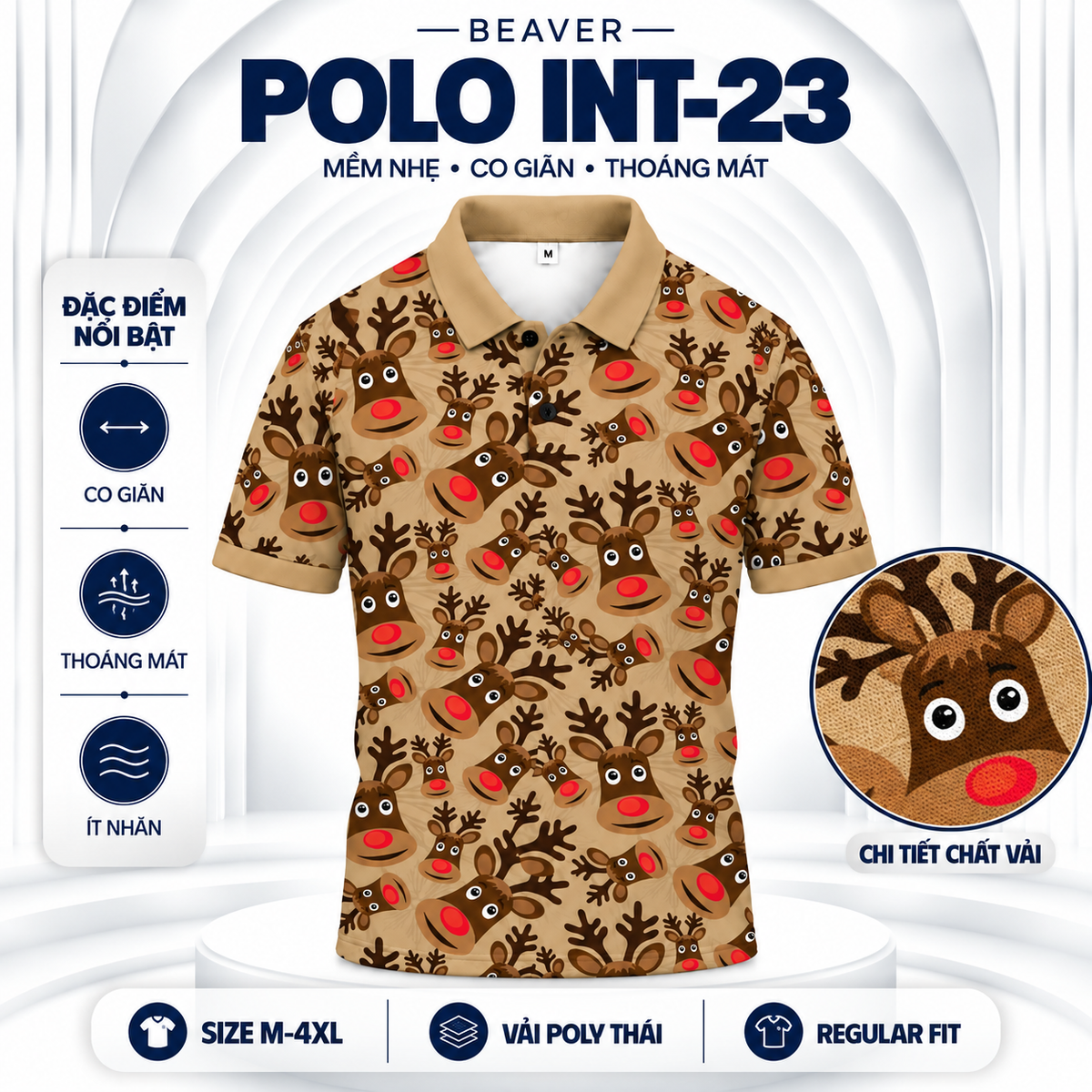 Áo Polo BEAVERTEE INT-23 Nam Nữ, Áo Polo Thể Thao Unisex Họa Tiết Tuần Lộc Mũi Đỏ Giáng Sinh, Tone Nâu Be Phong Cách Noel Vui Nhộn, Vải Poly Thái Co Giãn Thoáng Mát, Regular Fit