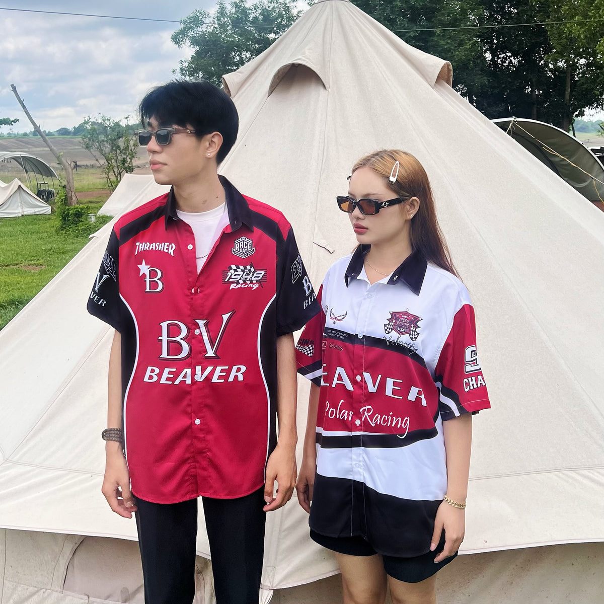 Áo Sơ Mi Phối SMR-42 BEAVERTEE Form Rộng Unisex Nam Nữ, Thiết Kế Phối Đỏ Đen Graphic BV Cá Tính, Lụa Hàn Mềm Mịn Thoáng Mát