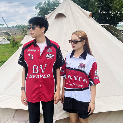 Áo Sơ Mi Phối SMR-42 BEAVERTEE Form Rộng Unisex Nam Nữ, Thiết Kế Phối Đỏ Đen Graphic BV Cá Tính, Lụa Hàn Mềm Mịn Thoáng Mát