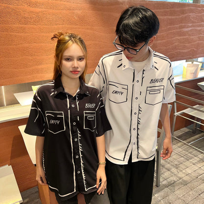 Áo Sơ Mi Phối SMR-39 BEAVERTEE Form Rộng Unisex Nam Nữ, Thiết Kế Nét Vẽ Đen Trắng Cá Tính, Lụa Hàn Mềm Mịn Thoáng Mát
