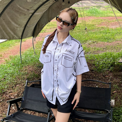 Áo Sơ Mi Phối SMR-40 BEAVERTEE Form Rộng Unisex Nam Nữ, Thiết Kế Nét Vẽ Đen Trắng Tối Giản Cá Tính, Lụa Hàn Mềm Mịn Thoáng Mát